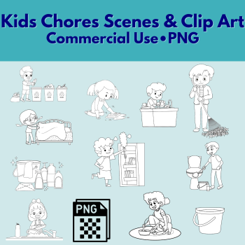 Kids Chores Coloring Line Art & Scenes