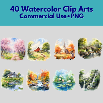 40 Watercolor Country Scene Clip Art Images